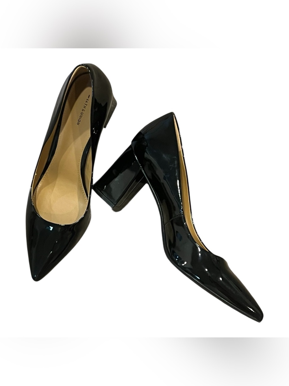 14th & Union Black Patent Pointed Toe Block Heel Pumps Glossy Office Evening